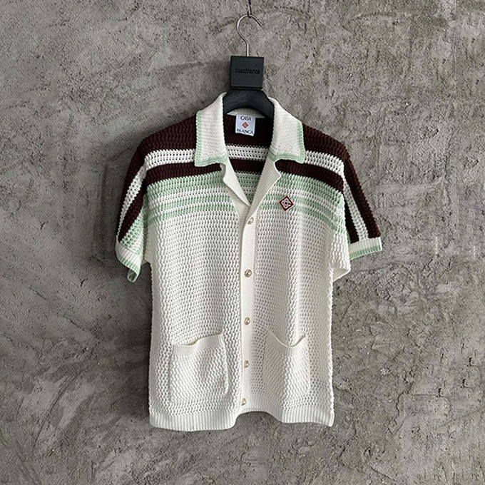casablanca striped open knit short sleeve shirt